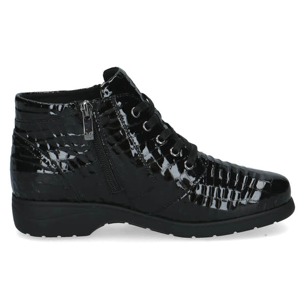 Caprice 9-26152-47 014 Ladies Wide Black Croc Patent Leather Zip & Lace Ankle Boots, inner side view.