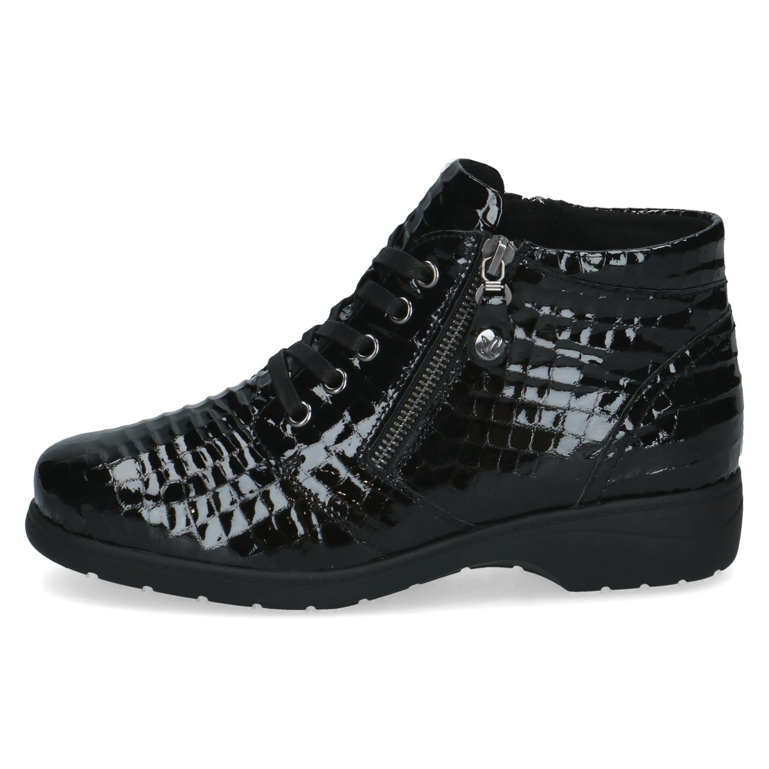 Caprice 9-26152-47 014 Ladies Wide Black Croc Patent Leather Zip & Lace Ankle Boots, outer side view.