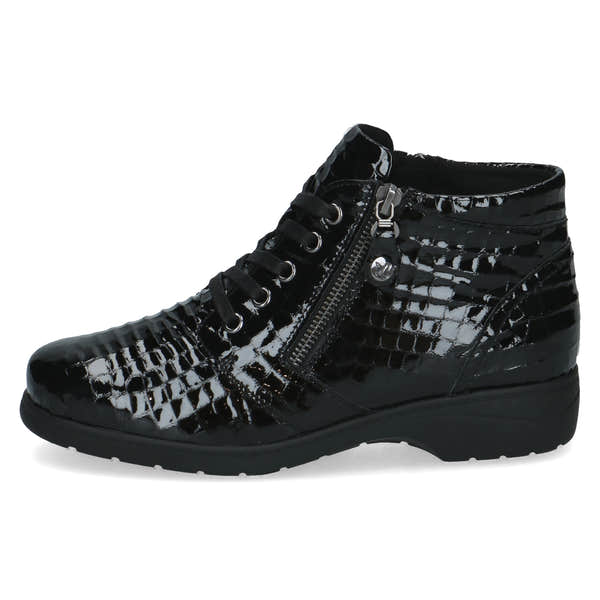 Caprice 9-26152-47 014 Ladies Wide Black Croc Patent Leather Zip & Lace Ankle Boots, outer side view.
