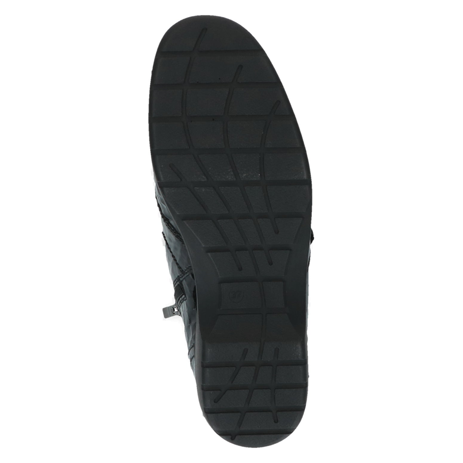 Caprice 9-26152-47 014 Ladies Wide Black Croc Patent Leather Zip & Lace Ankle Boots, sole and tread view.