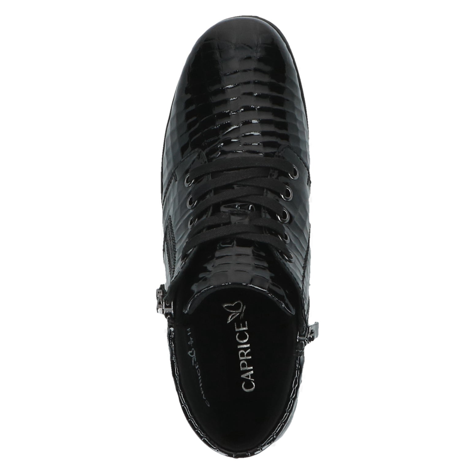 Caprice 9-26152-47 014 Ladies Wide Black Croc Patent Leather Zip & Lace Ankle Boots, top view.