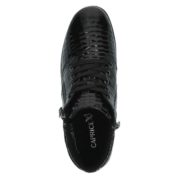 Caprice 9-26152-47 014 Ladies Wide Black Croc Patent Leather Zip & Lace Ankle Boots, top view.