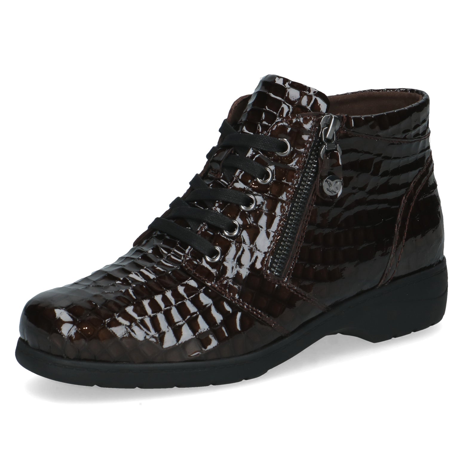 Caprice 9-26152-47 397 Ladies Wide Brown Croc Patent Leather Zip & Lace Ankle Boots, front three-quarter view.