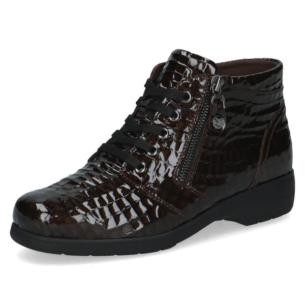 Caprice 9-26152-47 397 Ladies Wide Brown Croc Patent Leather Zip & Lace Ankle Boots, front three-quarter view.