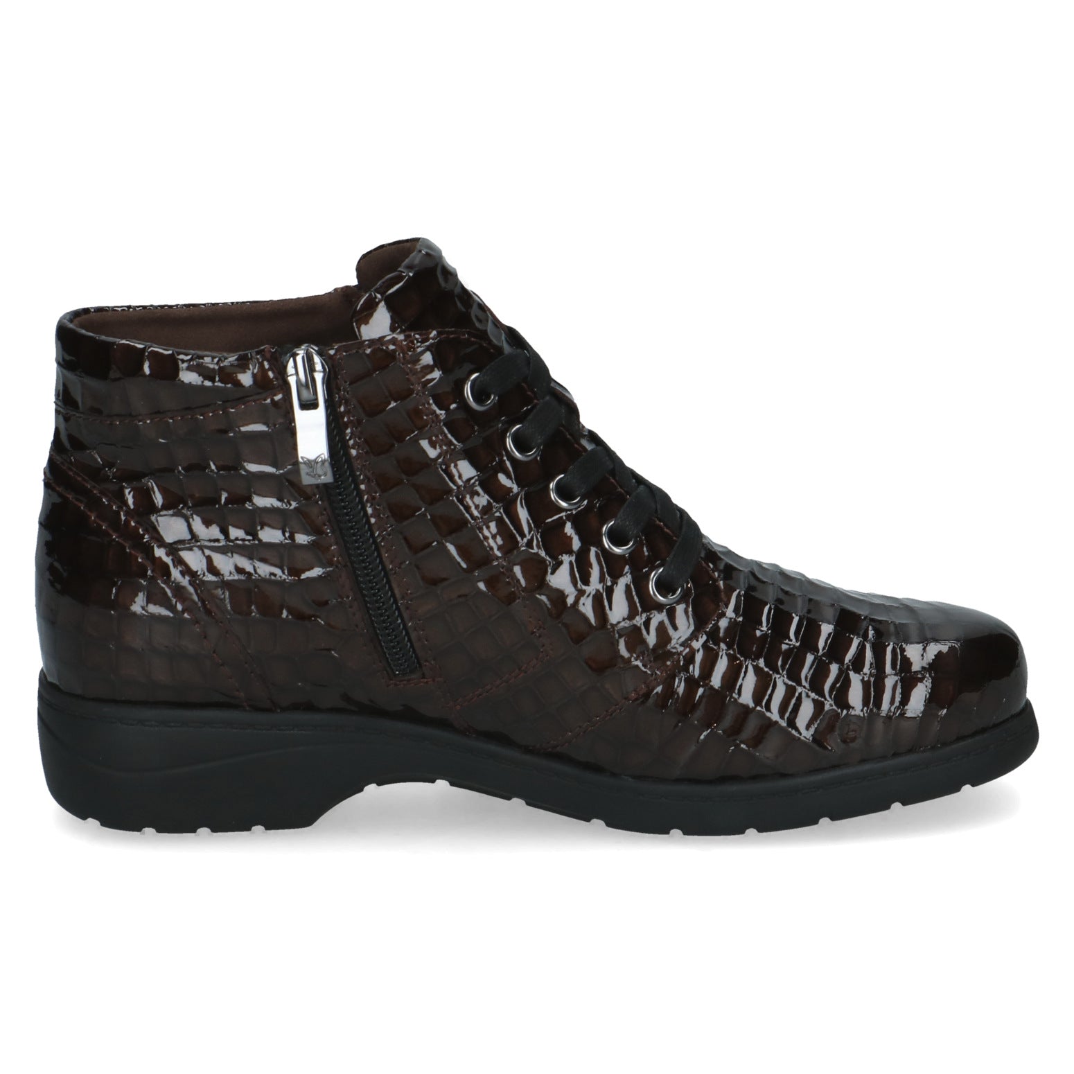 Caprice 9-26152-47 397 Ladies Wide Brown Croc Patent Leather Zip & Lace Ankle Boots, inner side view.