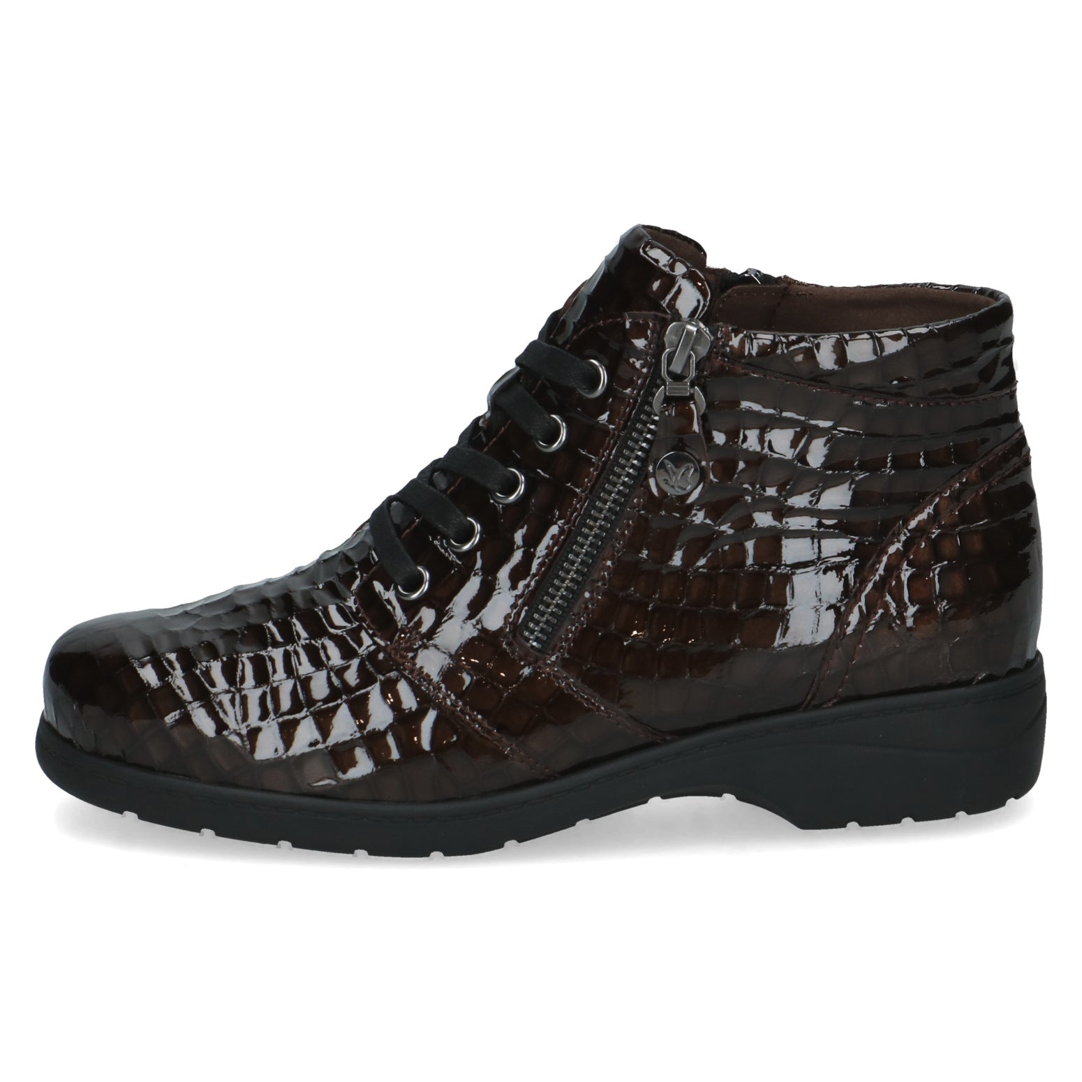 Caprice 9-26152-47 397 Ladies Wide Brown Croc Patent Leather Zip & Lace Ankle Boots, outer side view.