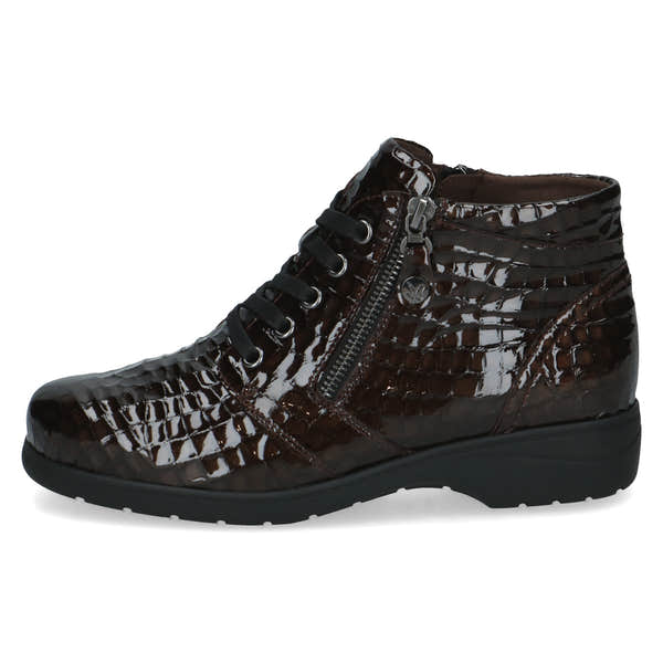 Caprice 9-26152-47 397 Ladies Wide Brown Croc Patent Leather Zip & Lace Ankle Boots, outer side view.