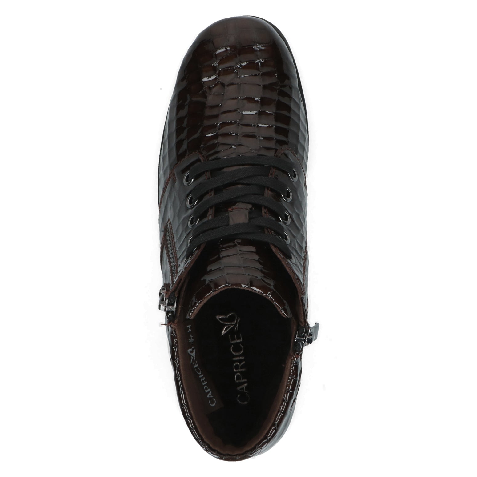 Caprice 9-26152-47 397 Ladies Wide Brown Croc Patent Leather Zip & Lace Ankle Boots, top view.