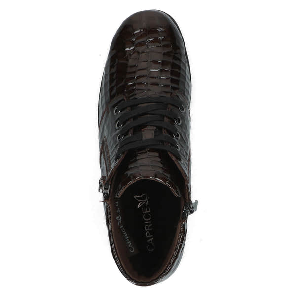 Caprice 9-26152-47 397 Ladies Wide Brown Croc Patent Leather Zip & Lace Ankle Boots, top view.