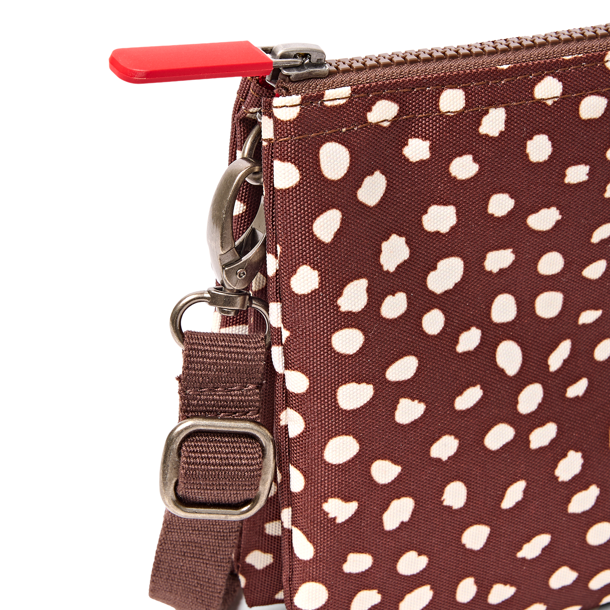 Roka Carnaby Brown Dot Extra Large Crossbody Bag, strap hardware detail (6)