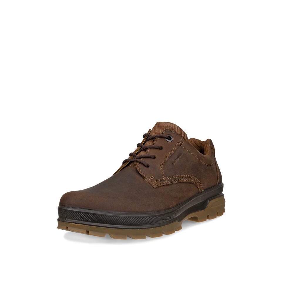 Ecco Rugged Track Plain Waterproof Mens Camel Leather & Textile Waterproof Lace Up Shoes, front three-quarter view.