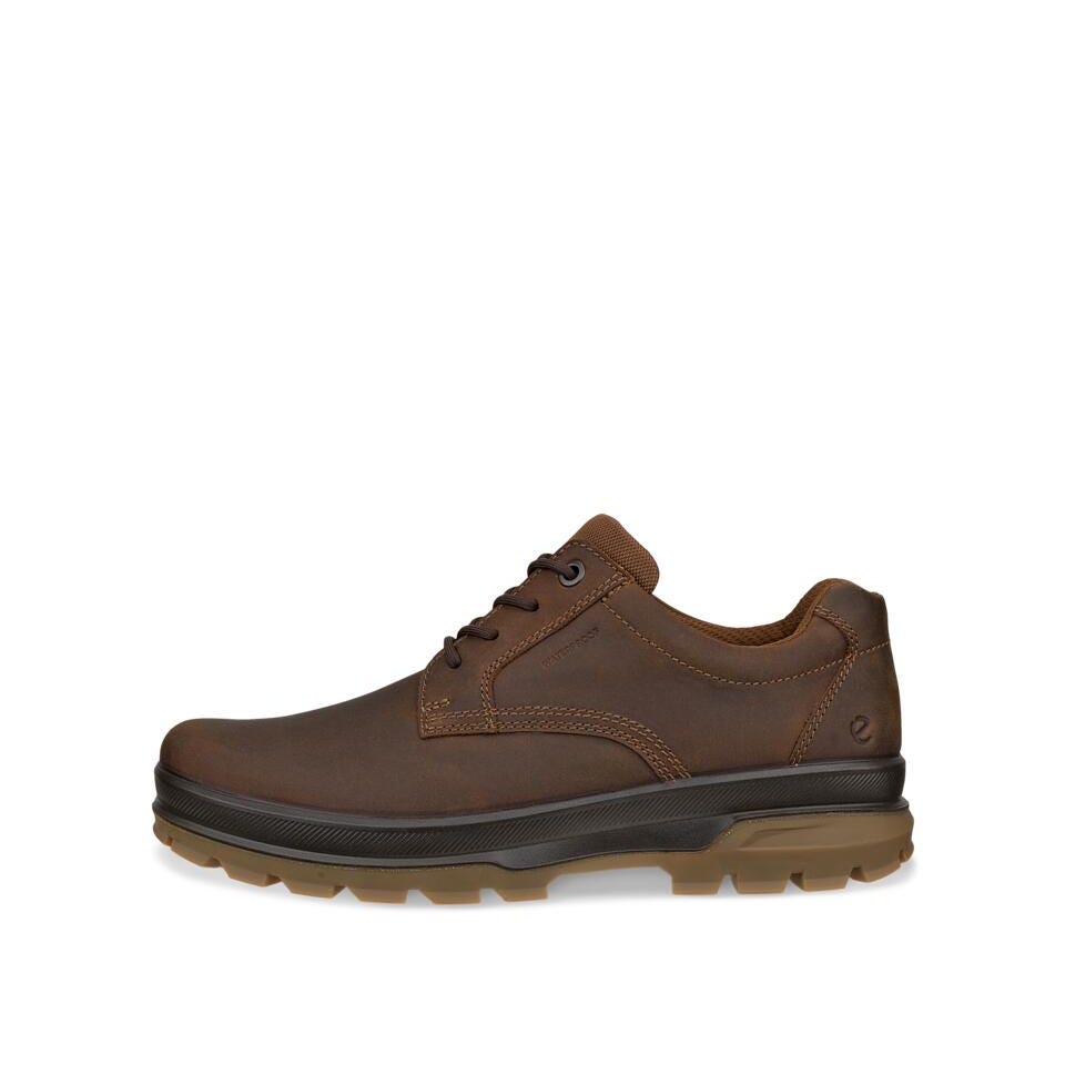 Ecco Rugged Track Plain Waterproof Mens Camel Leather & Textile Waterproof Lace Up Shoes, outer side view.