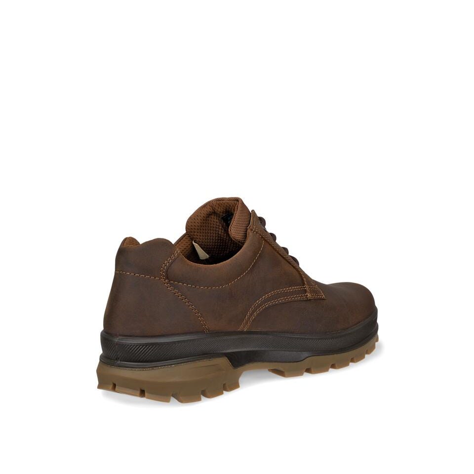 Ecco Rugged Track Plain Waterproof Mens Camel Leather & Textile Waterproof Lace Up Shoes, rear view.