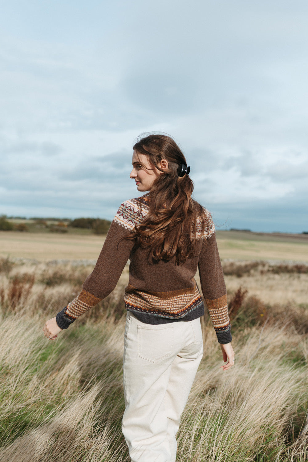 Eribé Alpine Cardigan in Hazel, alternative model view of the patterned knit