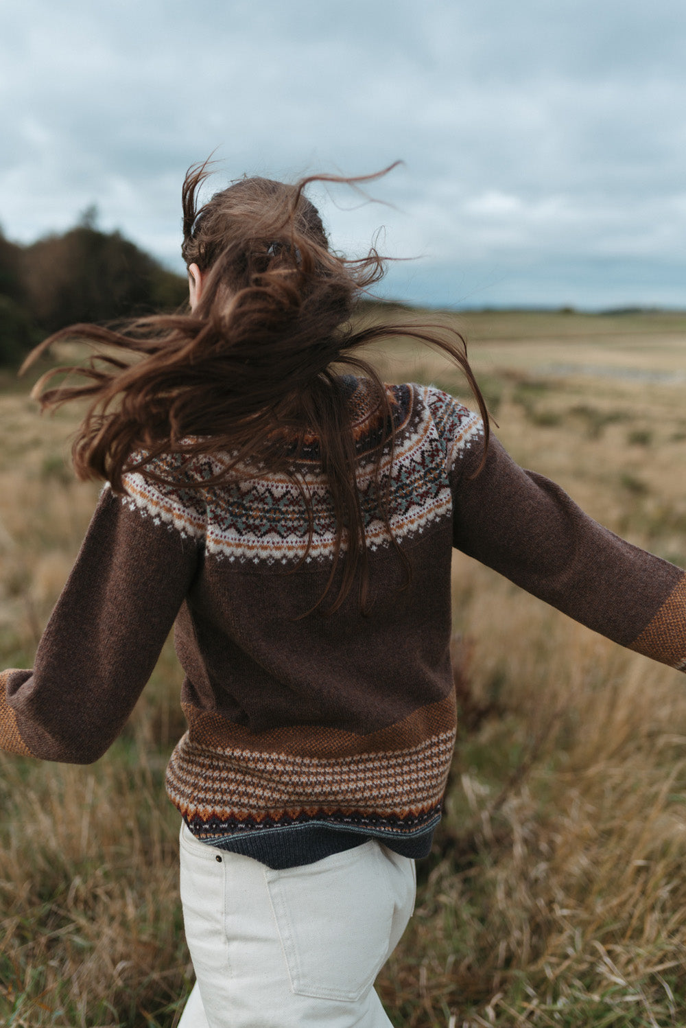 Eribé Alpine Cardigan in Hazel, back view showing the Fair Isle shoulder pattern