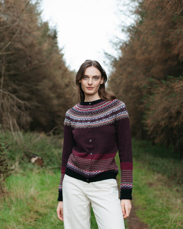 Eribé Alpine Cardigan in Tyrian, alternative model view of the patterned knit