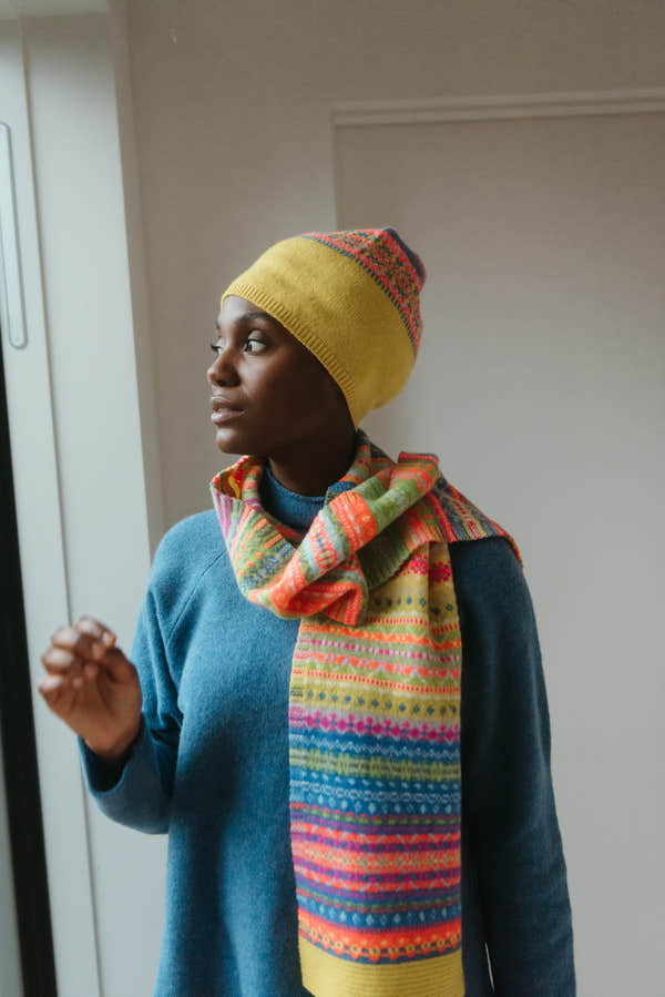 Eribé Alloa Beanie in Charm-Bonnie, hat worn with a coordinating scarf