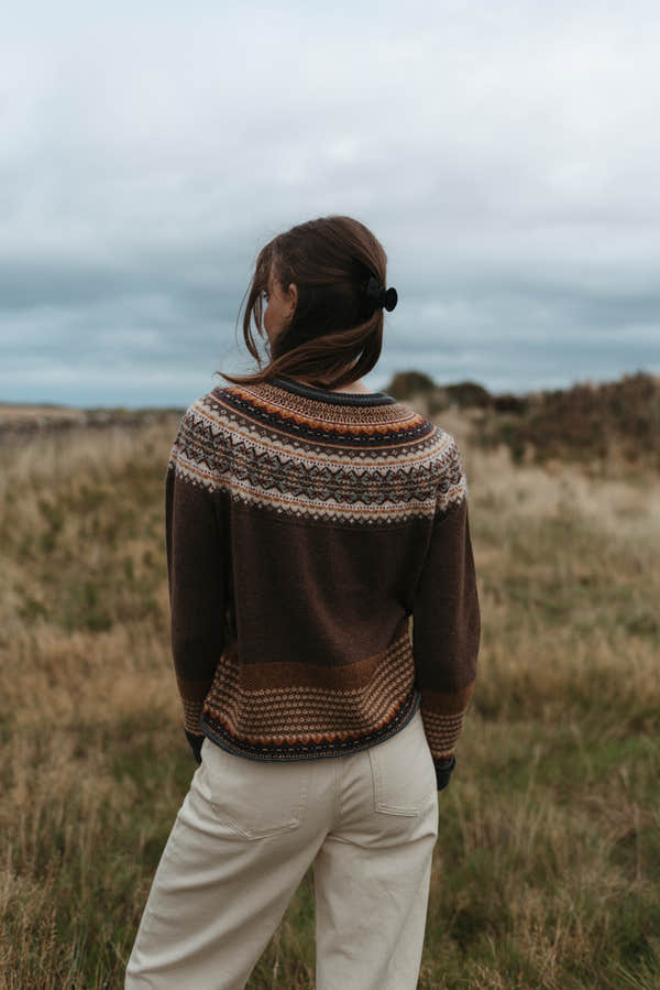 Eribé Alpine Sweater in Hazel, back view showing the Fair Isle shoulder pattern