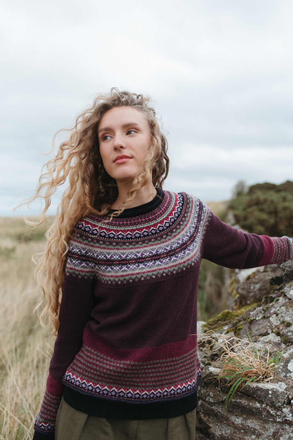 Eribé Alpine Sweater in Tyrian, alternative model view of the patterned knit