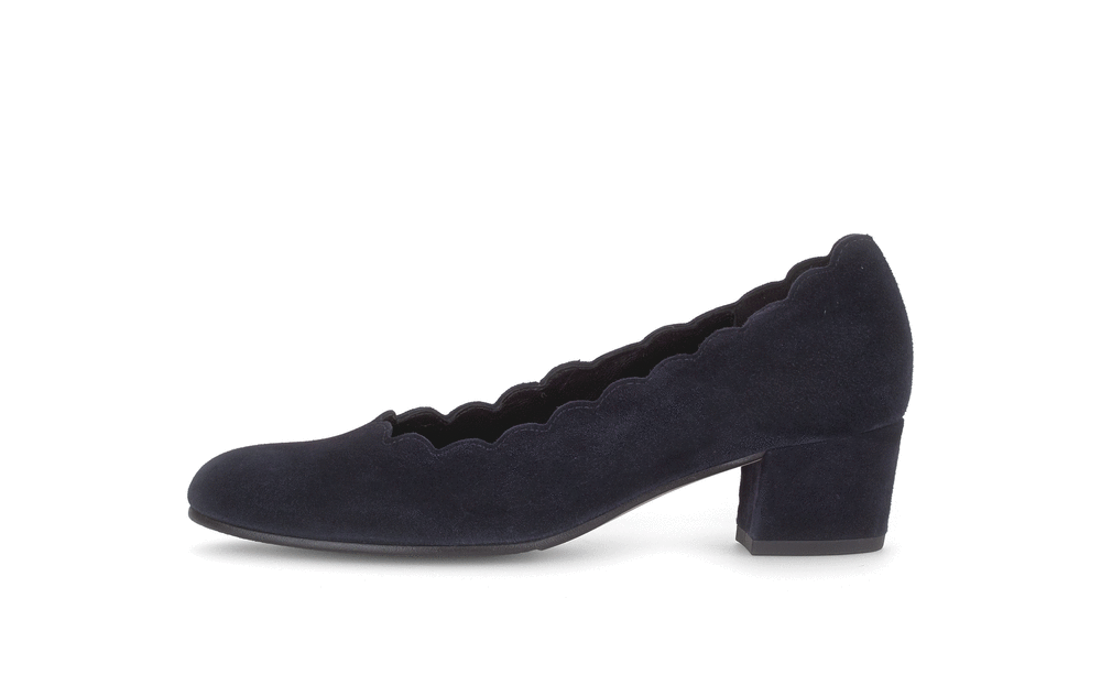 Gabor Gigi navy blue scalloped court shoes, animated rotating view.