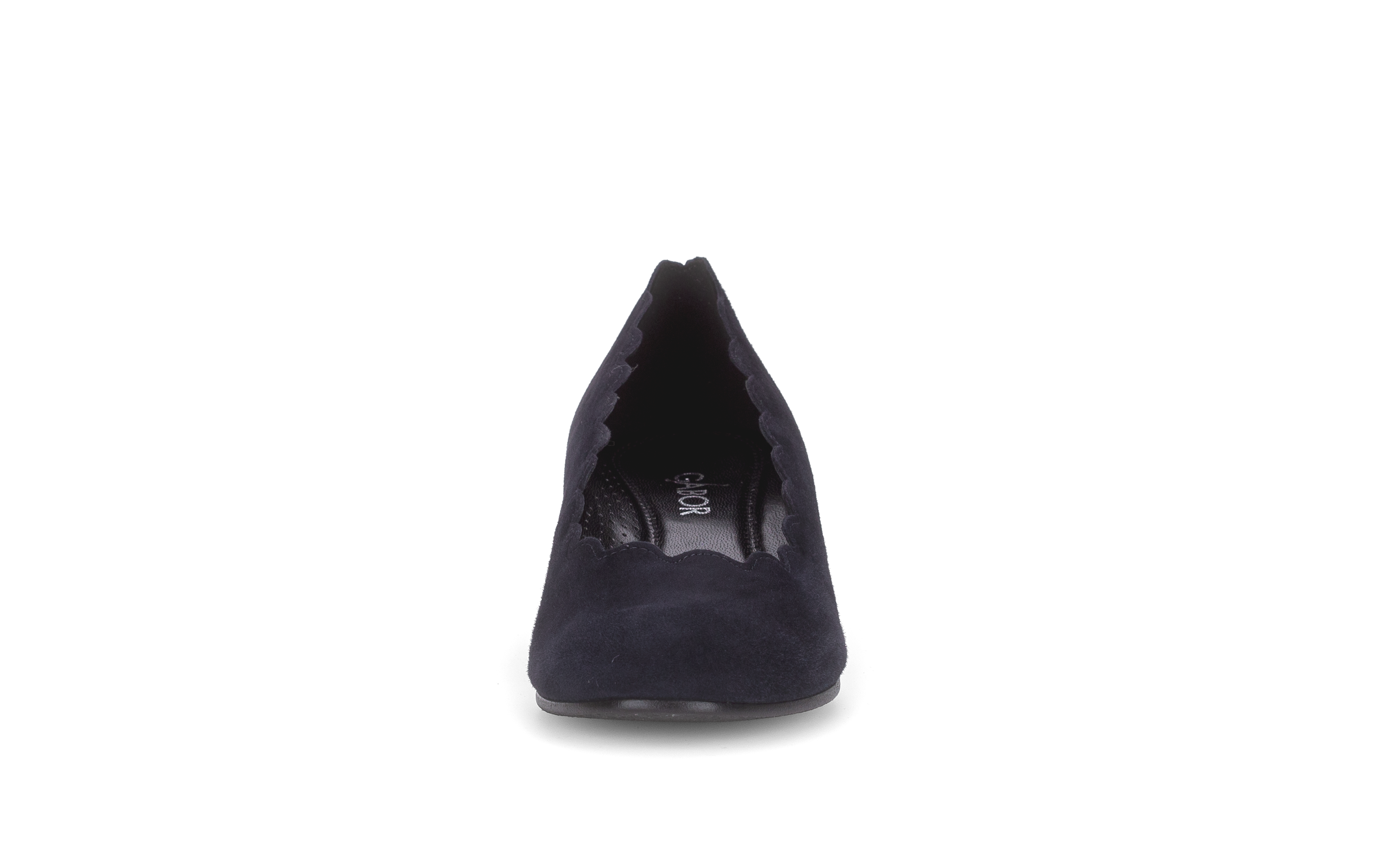 Gabor Gigi navy blue scalloped court shoes, front view.