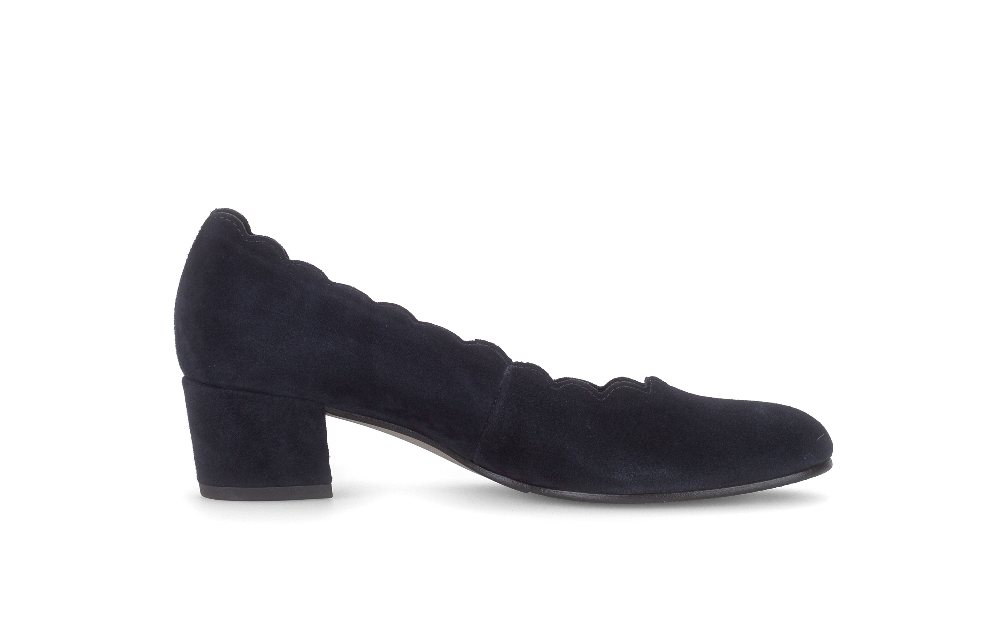 Gabor Gigi navy blue scalloped court shoes, inner side view.