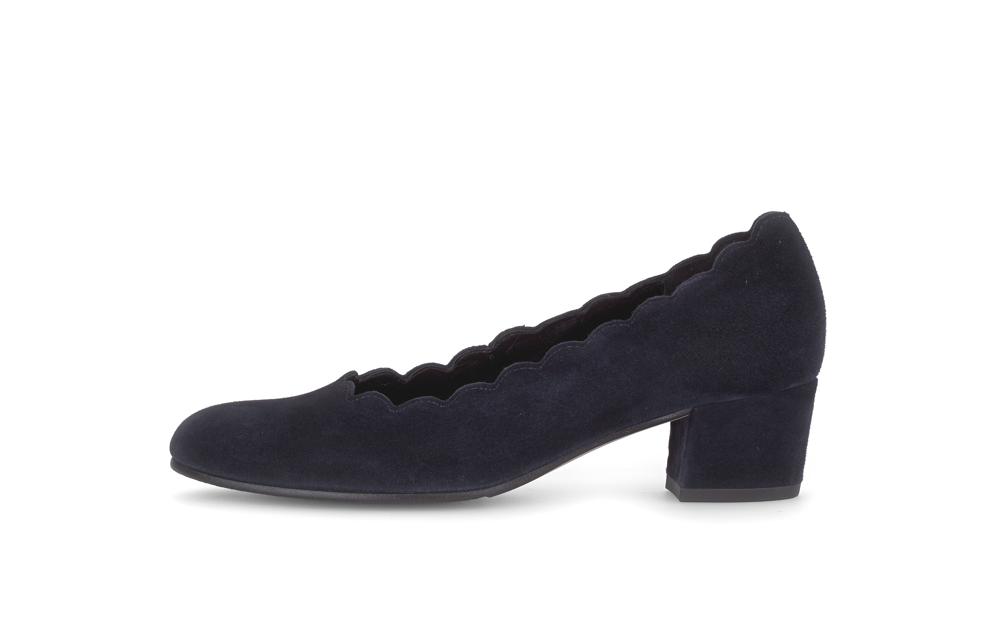 Gabor Gigi navy blue scalloped court shoes, outer side view.