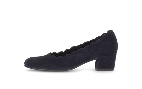 Gabor Gigi navy blue scalloped court shoes, outer side view.