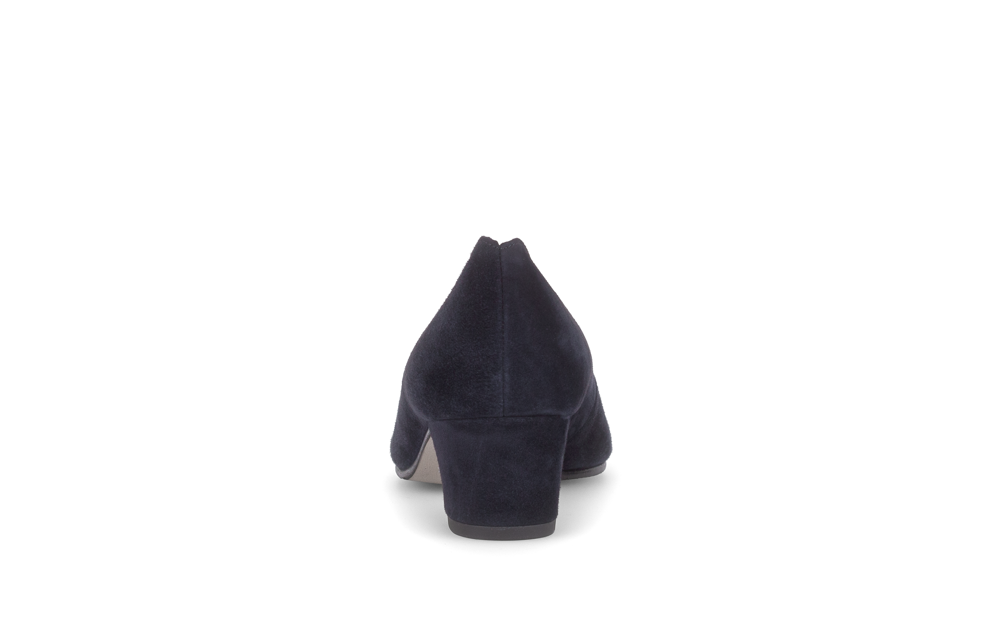 Gabor Gigi navy blue scalloped court shoes, rear view.