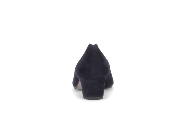 Gabor Gigi navy blue scalloped court shoes, rear view.