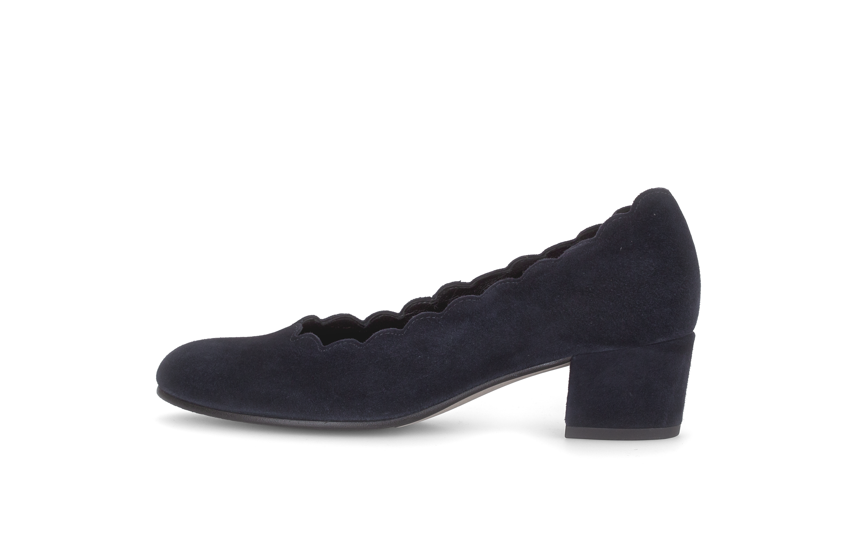 Gabor Gigi navy blue scalloped court shoes, rotating product angle 02.