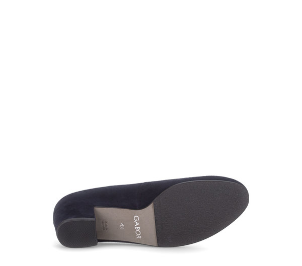 Gabor Gigi navy blue scalloped court shoes, sole view.