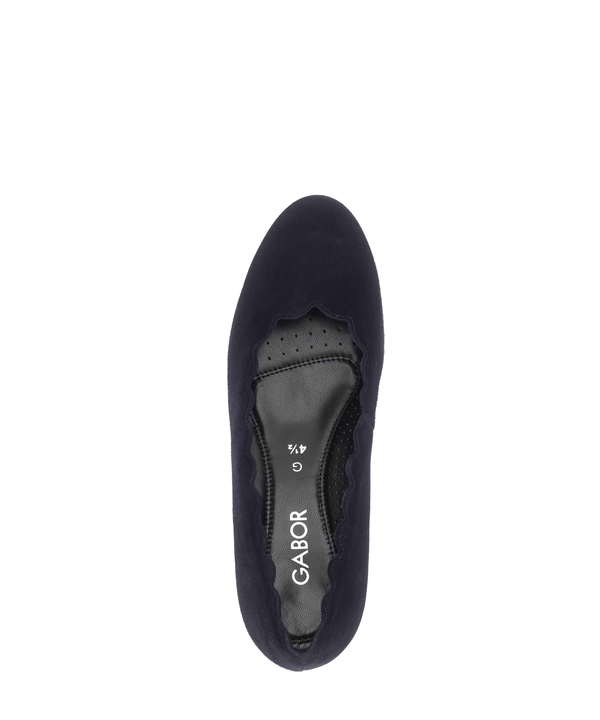 Gabor Gigi navy blue scalloped court shoes, top view.
