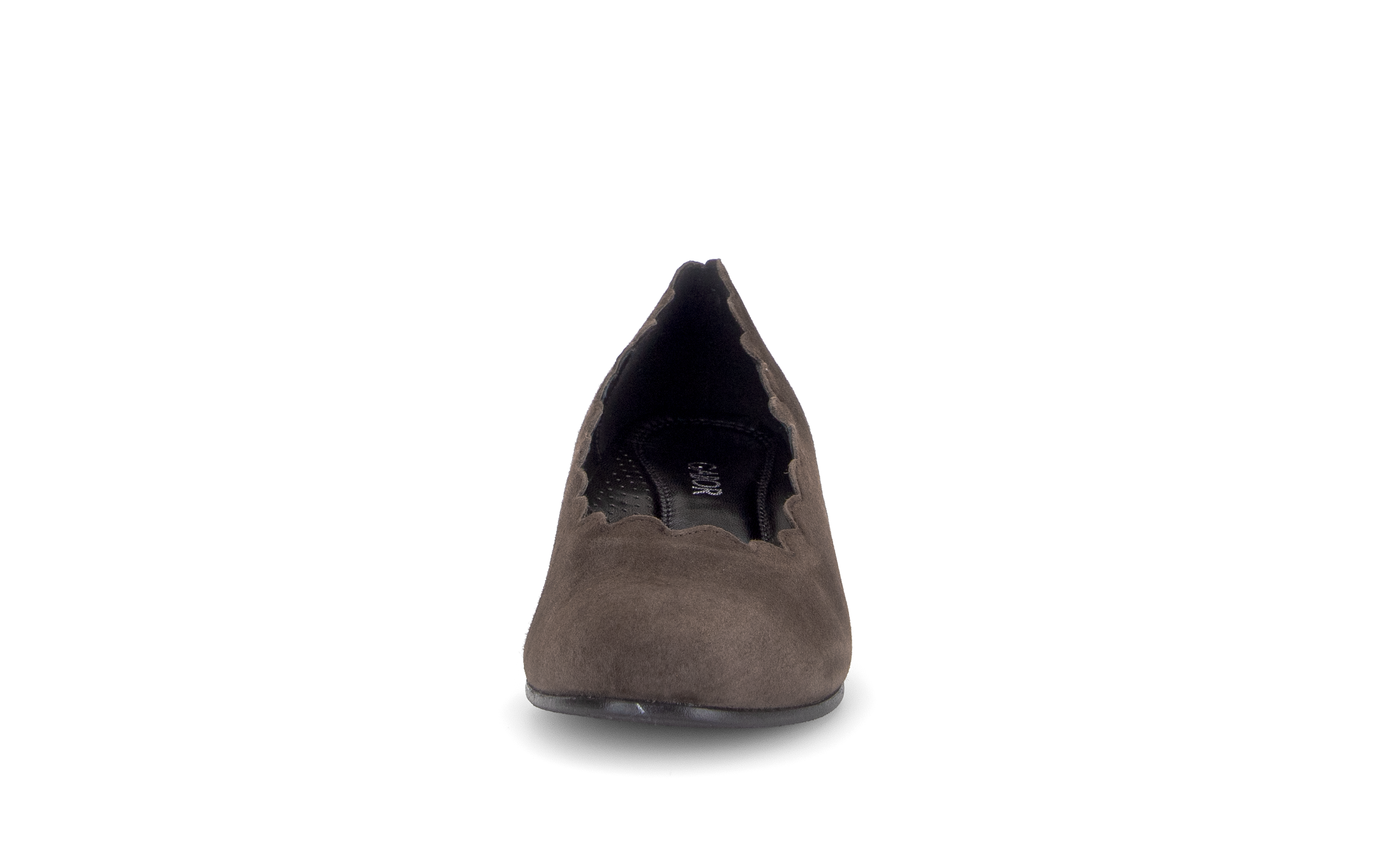 Gabor Gigi mocca brown scalloped court shoes, front view.
