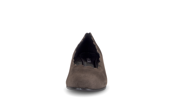 Gabor Gigi mocca brown scalloped court shoes, front view.
