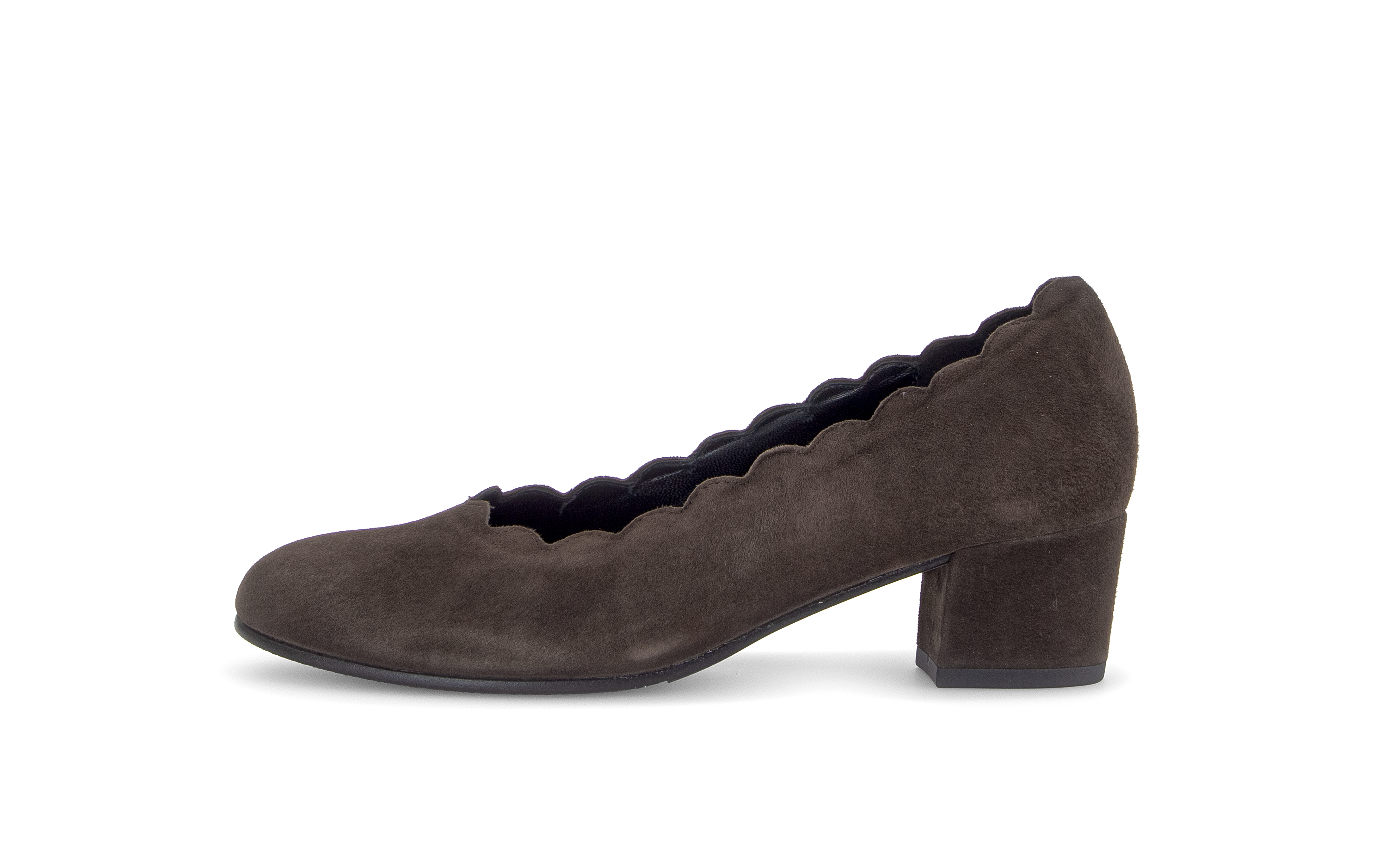 Gabor Gigi mocca brown scalloped court shoes, outer side view.