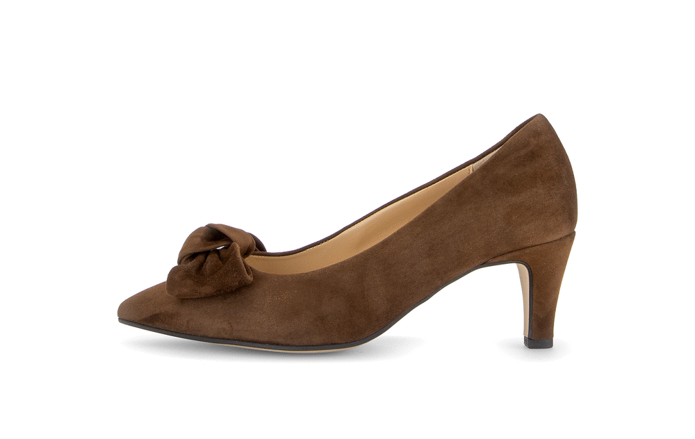 Gabor Dusty cacao brown bow trim court shoes, animated rotating view.