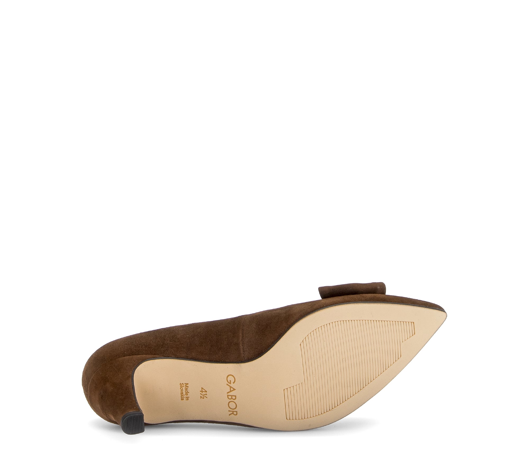 Gabor Dusty cacao brown bow trim court shoes, sole view.