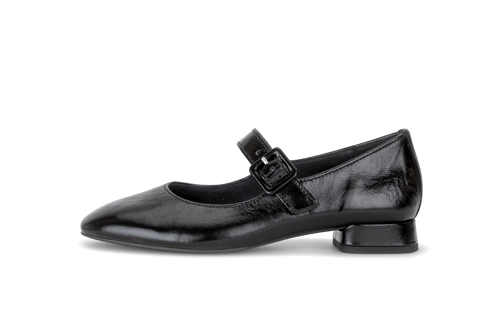Gabor Iggy black mary jane shoes, outer side view.