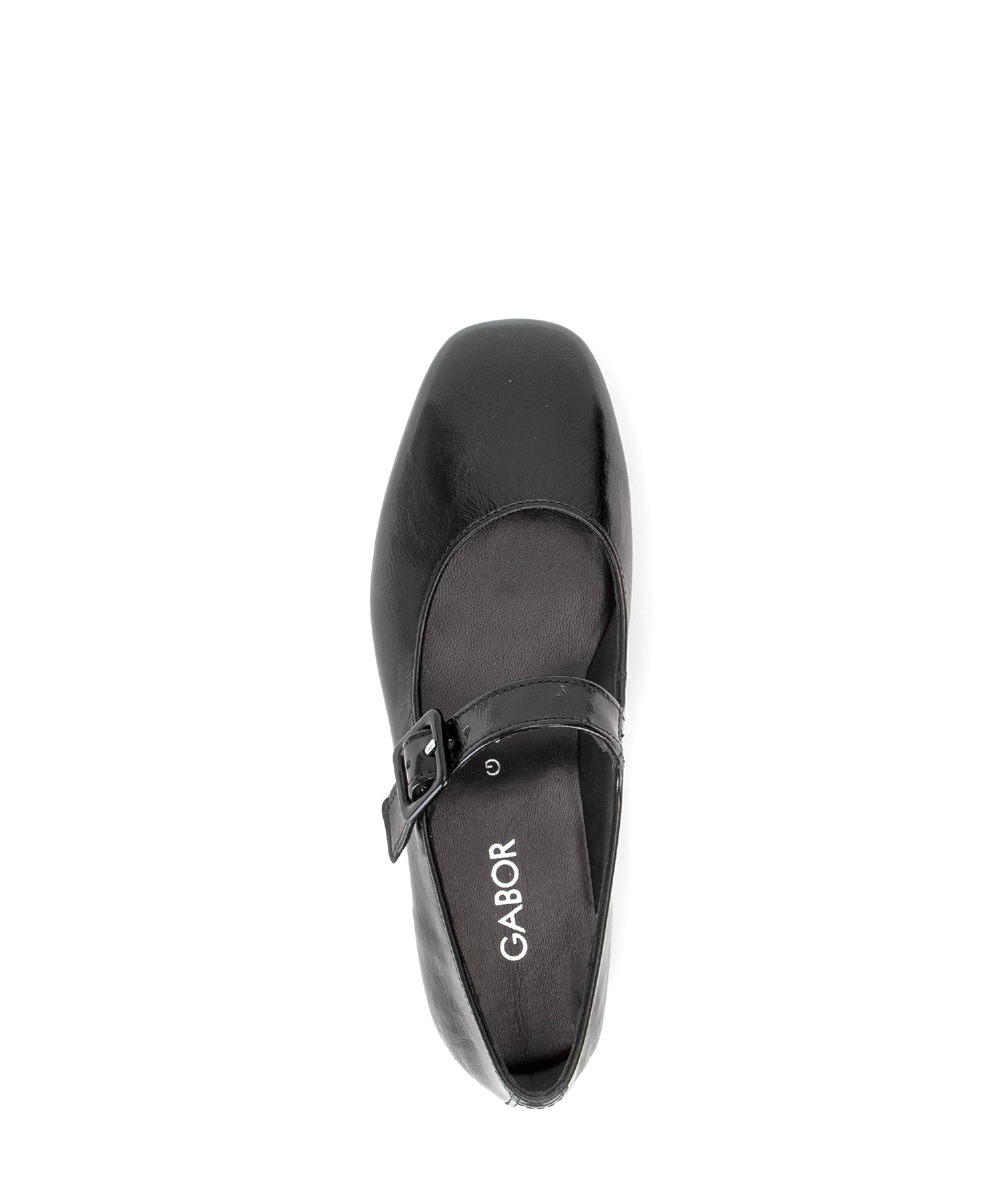 Gabor Iggy black mary jane shoes, top view.