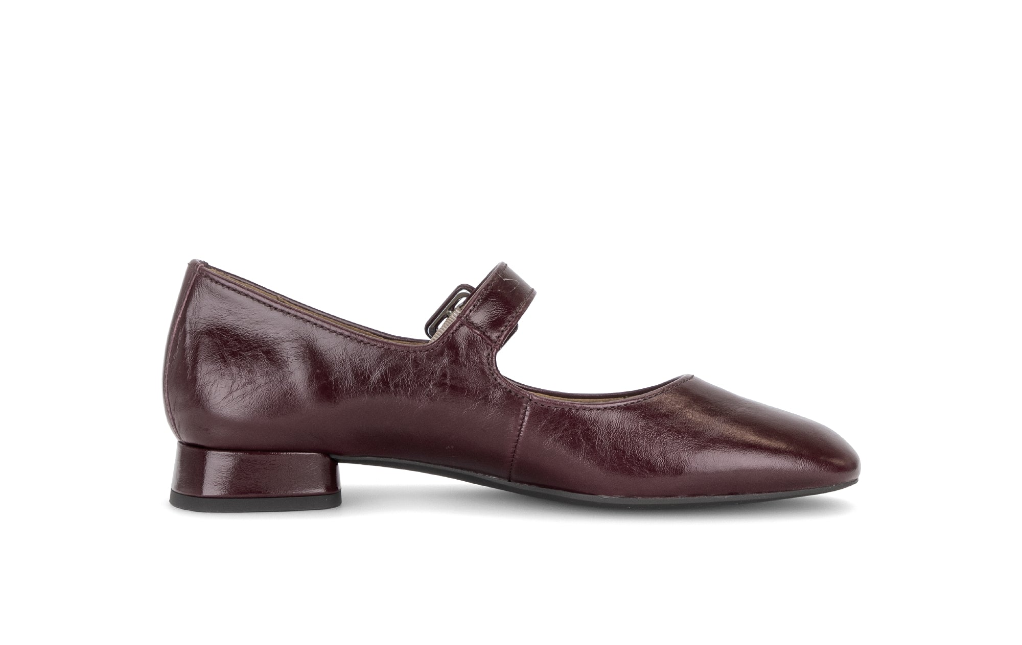 Gabor Iggy mulberry burgundy mary jane shoes, inner side view.