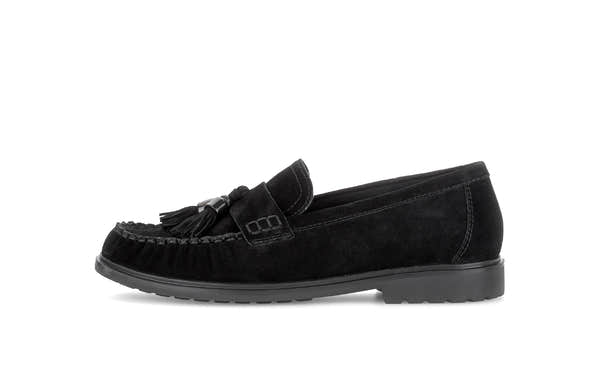 Gabor Hamble black moccasin loafers, outer side view.