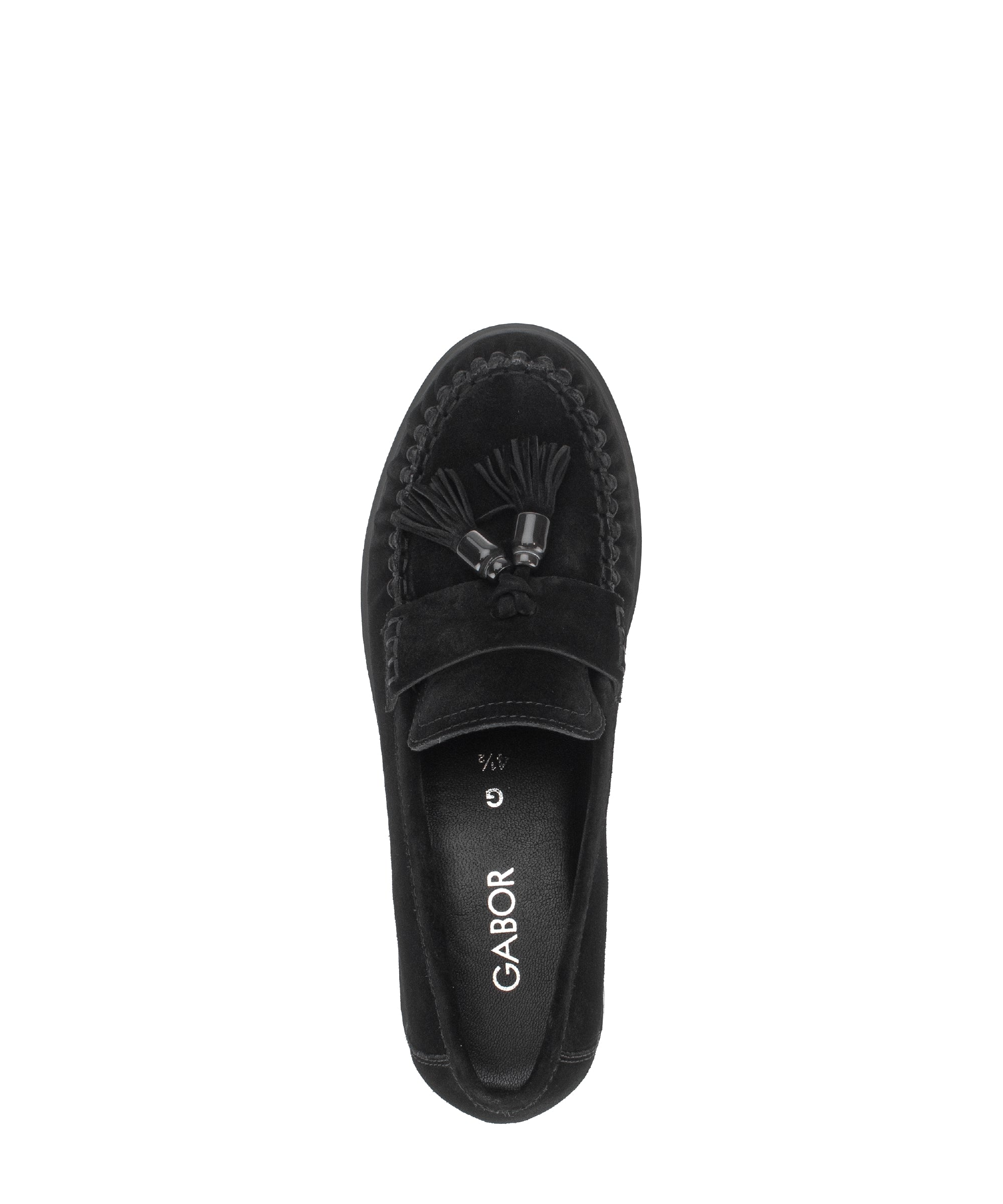 Gabor Hamble black moccasin loafers, top view.