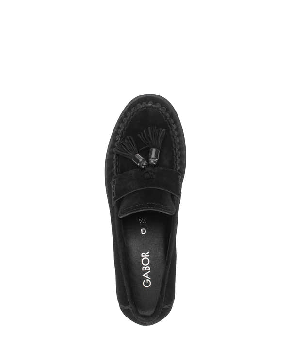 Gabor Hamble black moccasin loafers, top view.