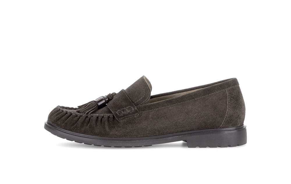 Gabor Hamble mocca brown moccasin loafers, animated rotating view.