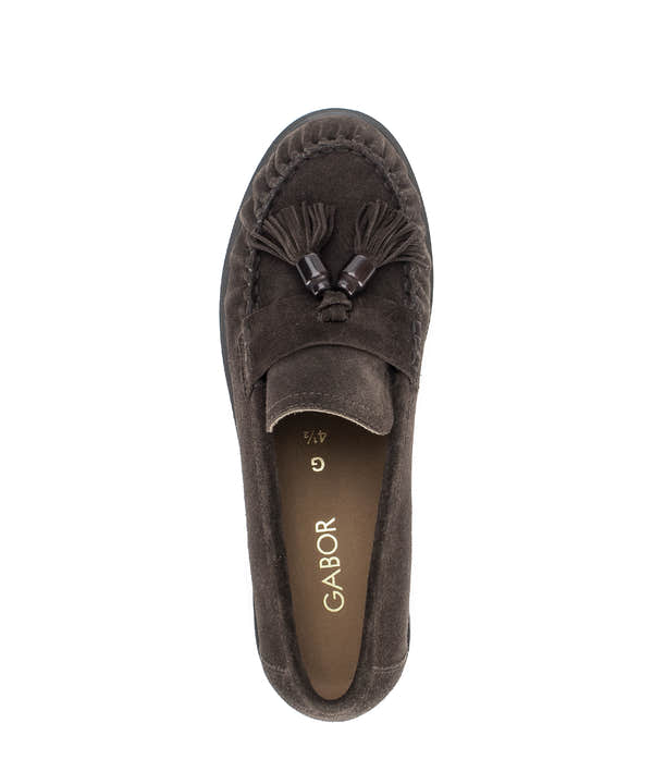 Gabor Hamble mocca brown moccasin loafers, top view.