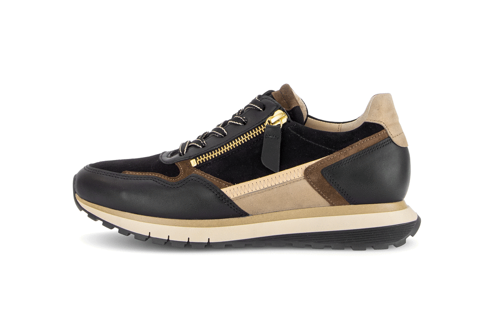 Gabor Hollywell black/tan/gold rollingsoft zip & lace trainers, animated rotating view.