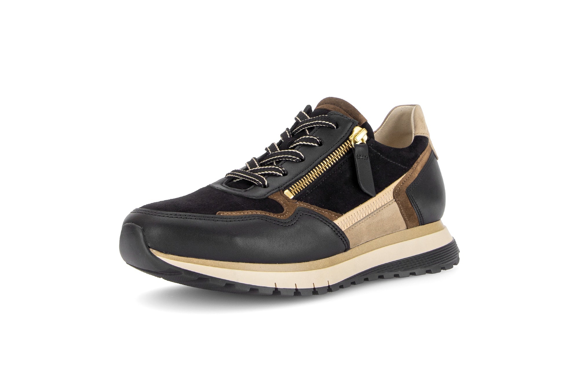 Gabor 6029.01.002 Hollywell in black/tan/gold, front three-quarter view.