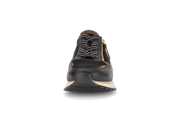 Gabor Hollywell black/tan/gold rollingsoft zip & lace trainers, front view.