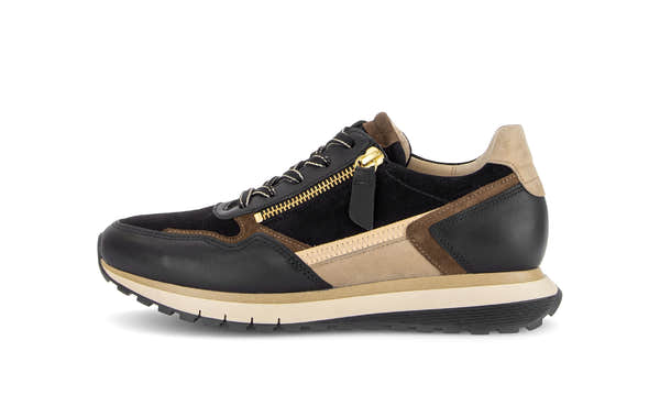 Gabor Hollywell black/tan/gold rollingsoft zip & lace trainers, outer side view.